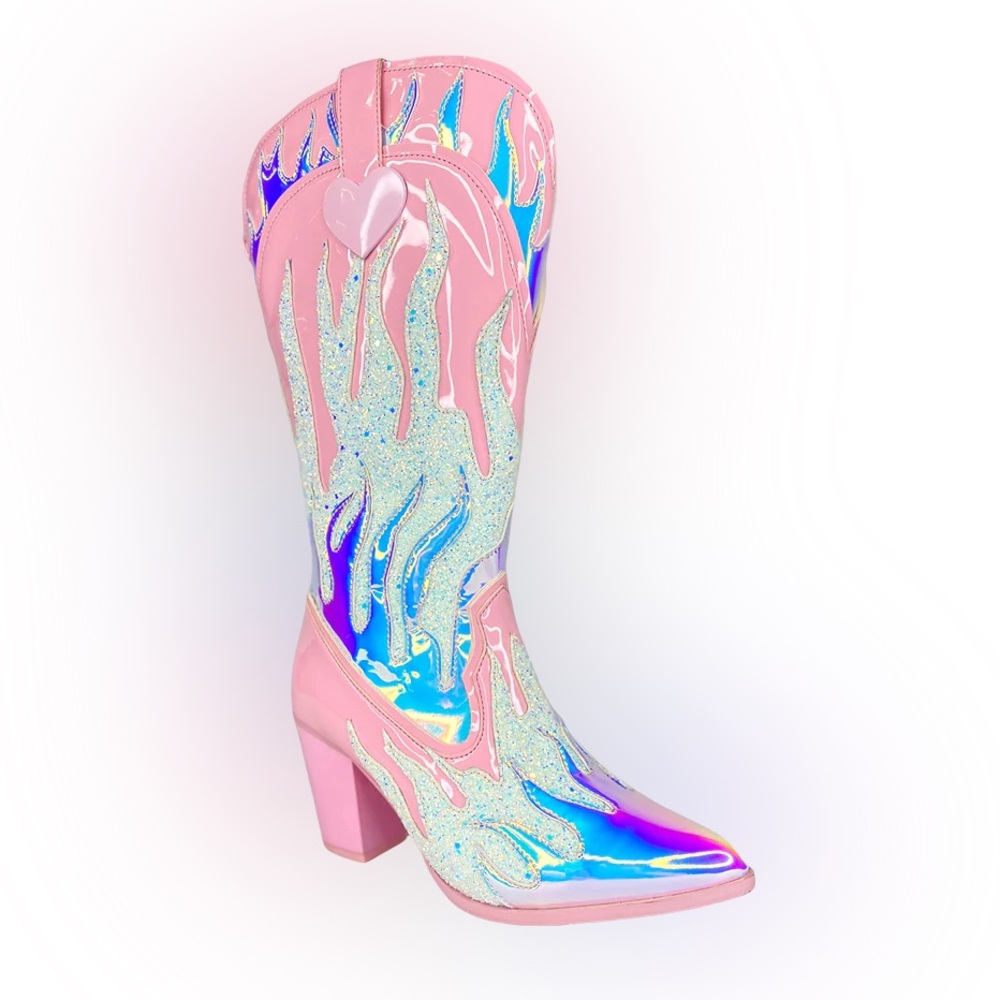 YRU Pink Space Cowgirl Iridescent Holographic Blue Flame Knee High Cowboy Boots